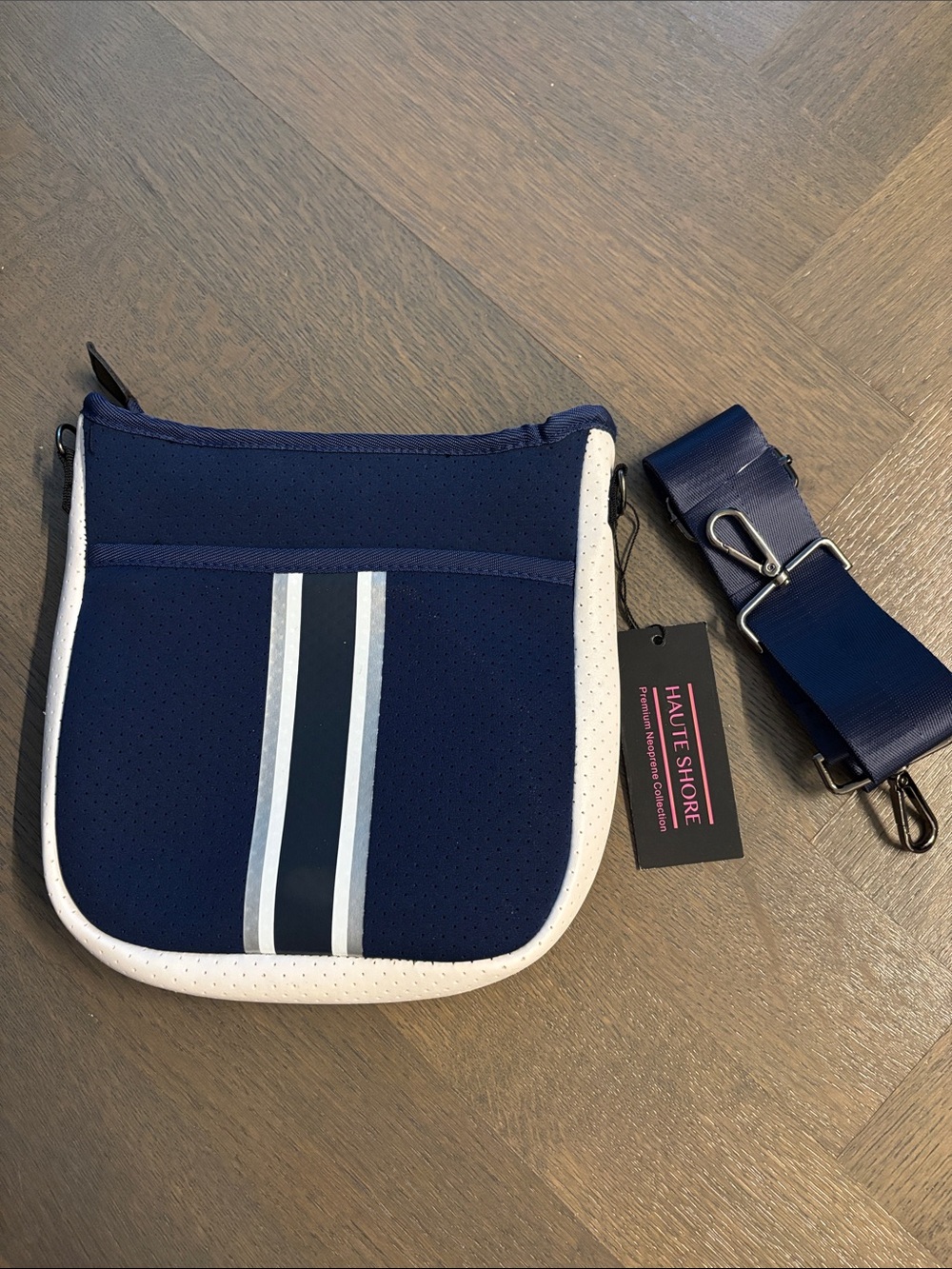 HAUTE SHORE Navy and White Neoprene Messenger Crossbody